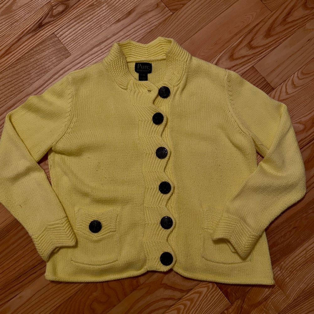 Pure Handknit Yellow Cotton Knit Jacket Cardigan L/XL - Picture 2 of 5